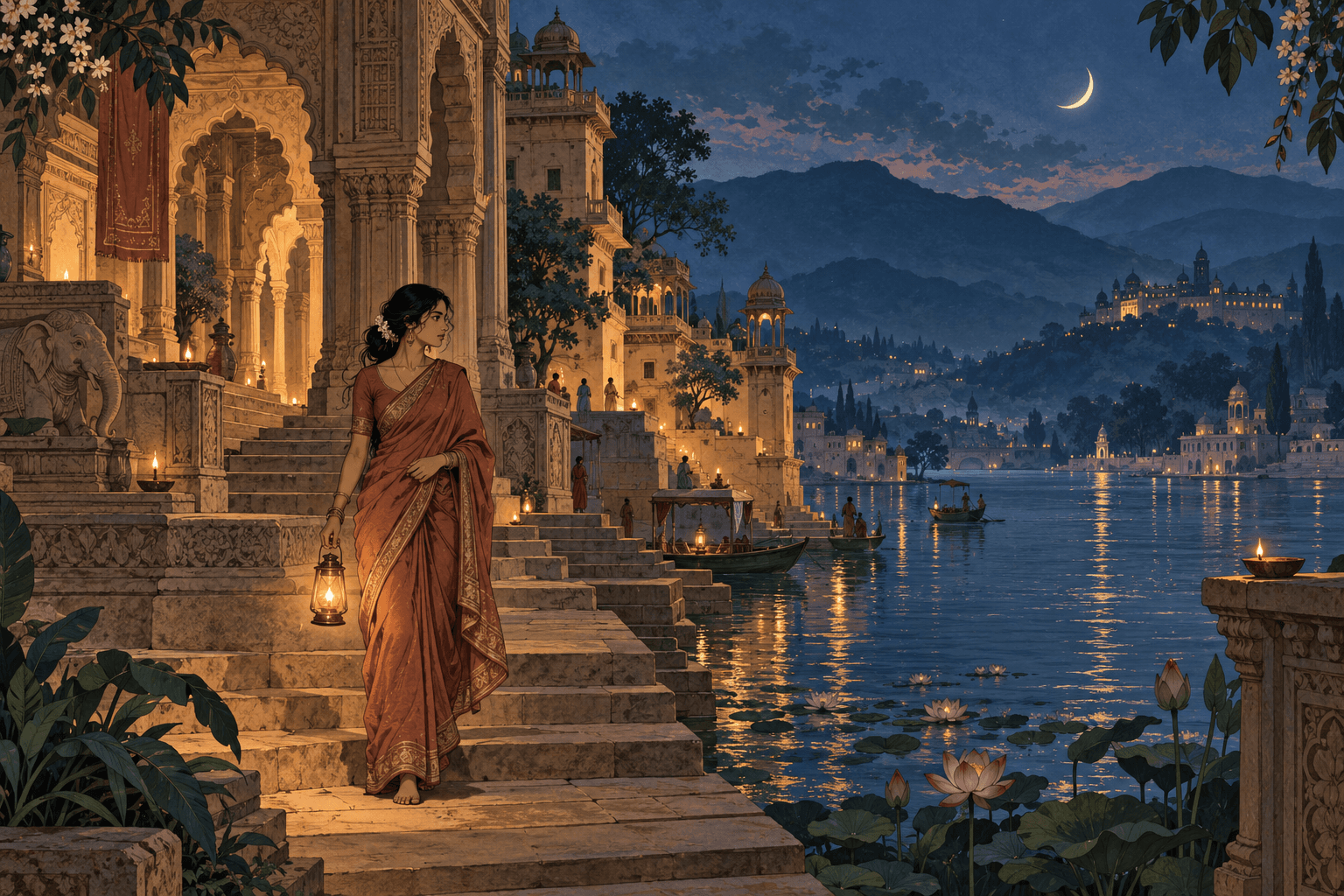 An Indian storybook illustration of a woman carrying a lantern beside sandstone river ghats at twilight
